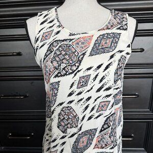 Vince Camuto Tank Top Cream Black Peach Blue Print Medium EUC!